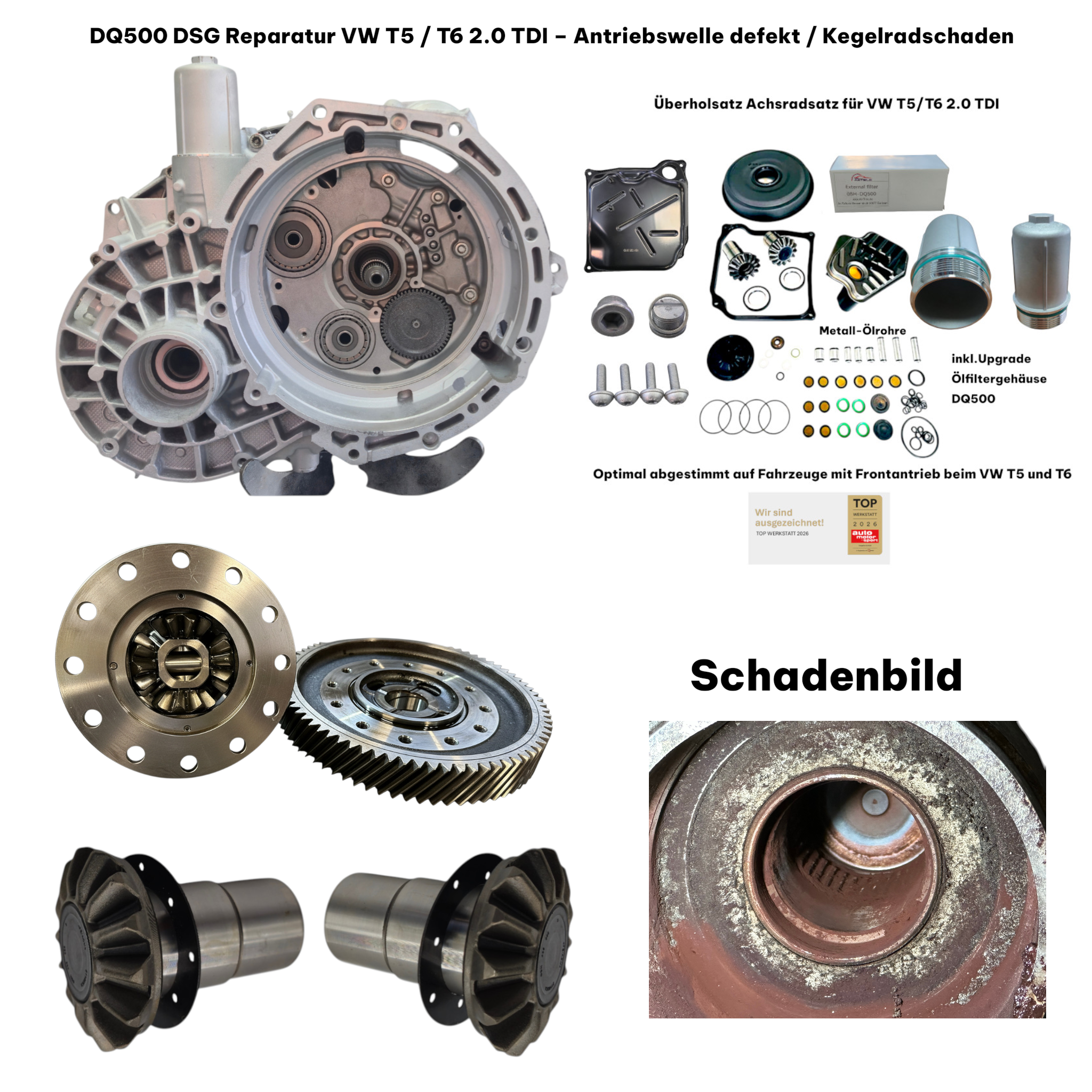 DQ500 0BT 0BH Reparatur VW T5 T6 2.0 TDI Kegelradschaden mit Kupplung und Lagersatz